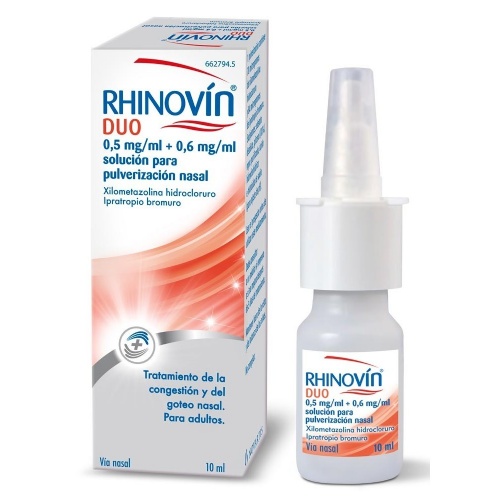 RHINOVIN DUO 0,5 mg/ml + 0.6 mg/ml SOLUCION PARA PULVERIZACION NASAL , 1 envase pulverizador de 10 m